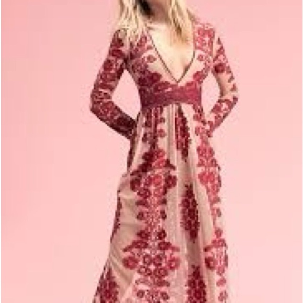 For Love & Lemons Pink and Red Embroidered Maxi Dress